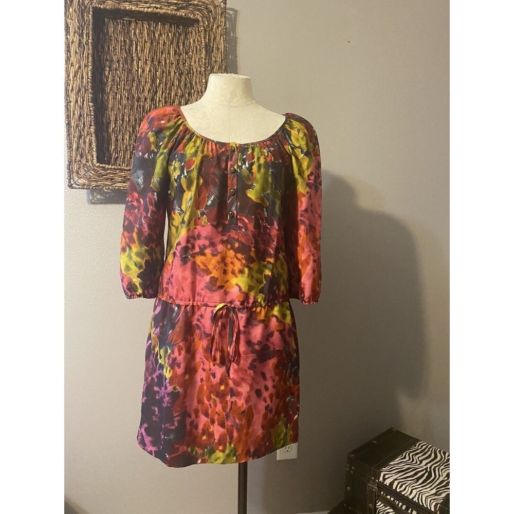 Trina Turk Silk Mulicolor Dropped Waist 3/4 Long Sleeve Dress 8 Medium - Picture 4 of 9